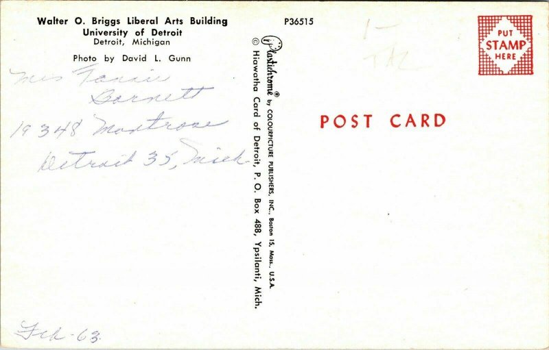Walter O Briggs Liberal Art Building University Detroit Michigan MI VTG Postcard 