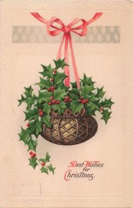 c.1907-15 Embossed Pink Ribbon Hanging Basket Holly Berries Christmas 2T6-112