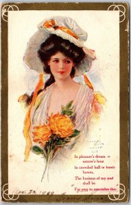 1908 Beautiful Lady Pretty Face Fancybhat Flowers Bordered Card Posted Postcard