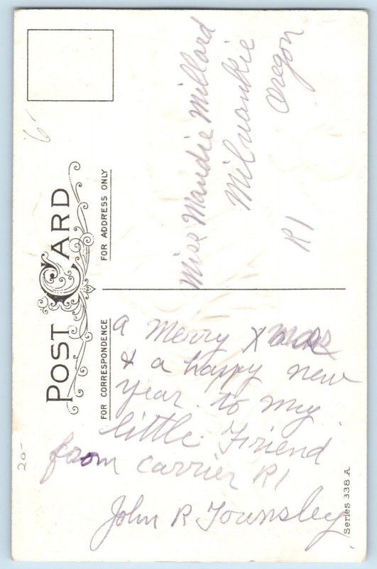 Christmas Postcard Pretty Girl With Black Cat Embossed Milwaukee OR c1910's