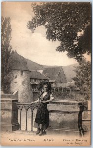 c1900s Thann, France Pont Bridge Alsace Cute Woman Traditional Dress House A351