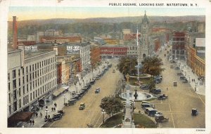 WATERTOWN NEW YORK~PUBLIC SQUARE LOOKING EAST-CIVIL WAR STATUE~1929 POSTCARD