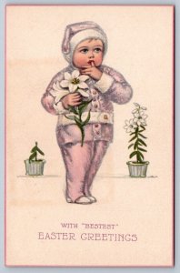 With Bestest Easter Greetings,Child Plucking Lilies, Antique Art Postcard