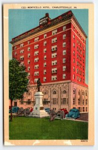 Monticello Hotel Old Cars Charlottesville Virginia Postcard Vintage Linen Unused