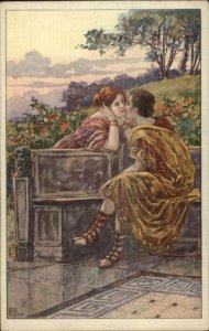 Roman Greco Costumes Romance Beautiful Woman Kissing Art Deco Postcard #3