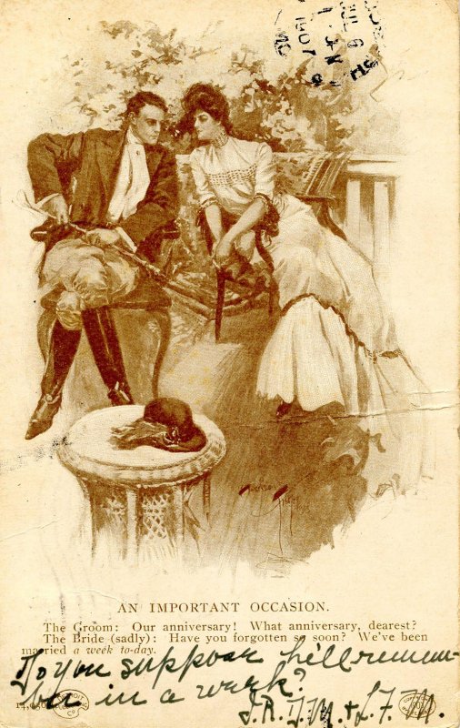 Romantic Couple - An Important Occasion.  Artist: Harrison Fisher   (crease, ...