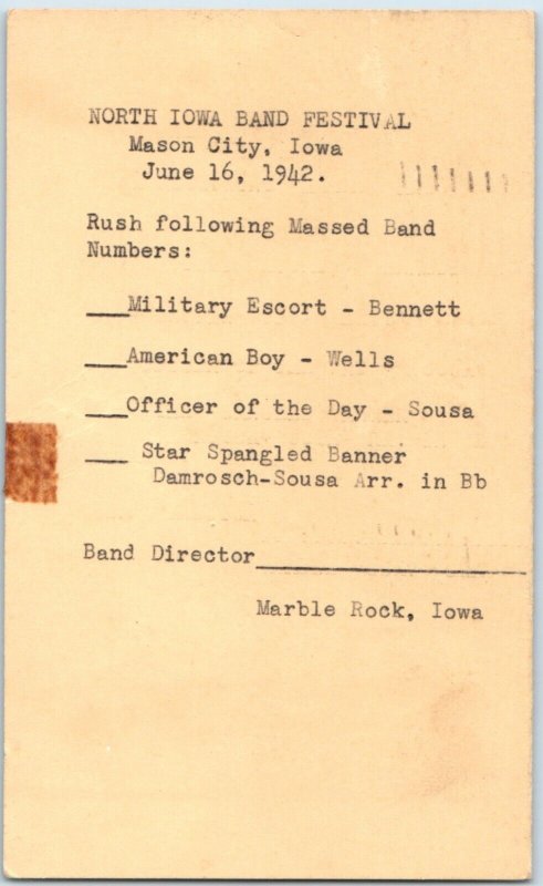 1942 Mason City IA Band Festival Marble Rock Postcard Les Reed Music Invite A179