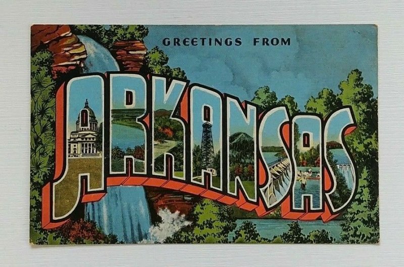 Large Letter Greeting From Arkansas Linen Postcard Natural Color EC Kropp