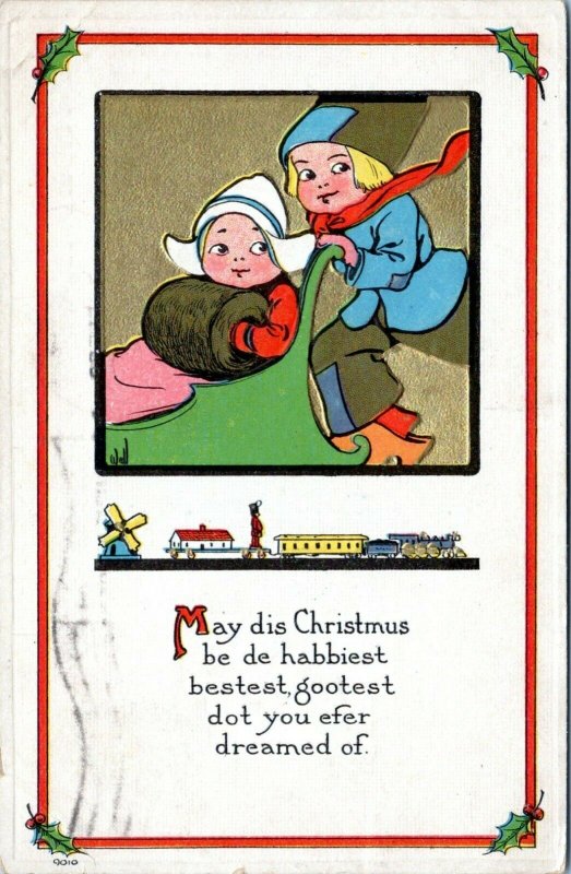 Vintage Dutch Children Christmas Postcard 1913 Boy Girl Sled Muff S. Bergman OG