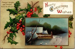 Merry Christmas With Holly and Landscape Scene 1911 Intwernational Art Publis...