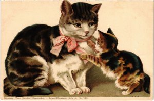 PC CATS, A MOMMY CAT AND HER BABY, Vintage Postcard (b46604)