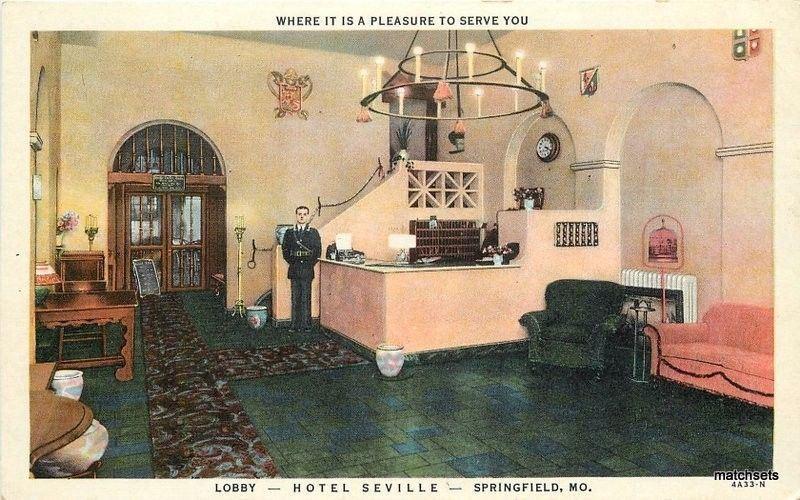 1930s Hotel Seville interior Lobby Springfield Missouri Allis postcard 967