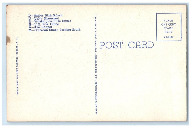 c1940's Greetings From Durham Home Of Duke University North Carolina NC Postcard