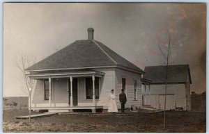 c1910s Cute Small House RPPC Young Married Couple Bowler Hat Man Real Photo A129