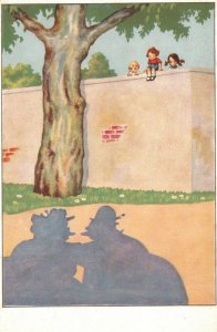 Vintage Postcard Children Climbing On Wall Watching Adult's Shadow Big Tree