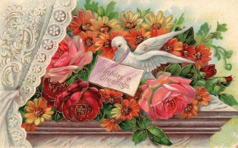 Vintage Postcard 1908 Birthday Greetings White Dove Delivers Letter Flowers Card 