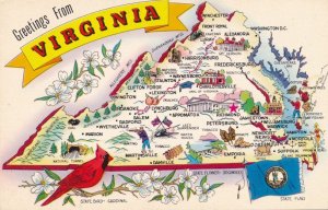 Greetings from Virginia - Map - Bird Cardinal - Flower Dogwood