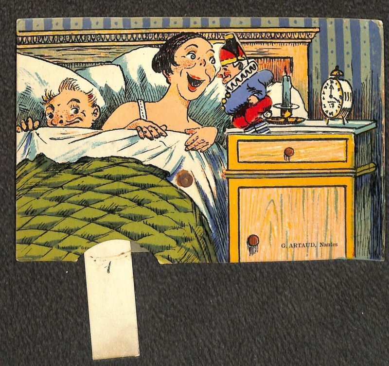 CHRISTMAS SANTA CLAUS ELF NANTES FRANCE COMIC MECHANICAL POSTCARD (c. 1910)