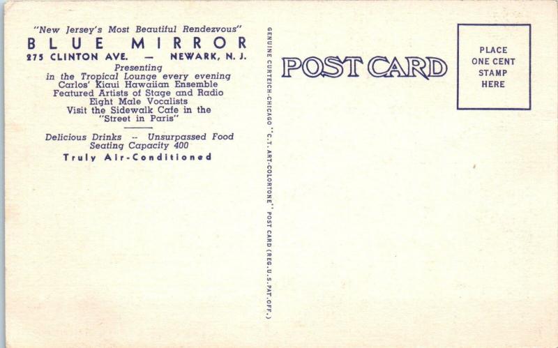 NEWARK, NJ New Jersey BLUE MIRROR TROPICAL Night Club c1940s Linen  Postcard