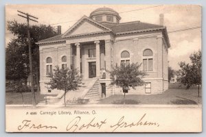Alliance Ohio~Carnegie Library~Folks on Porch~1906 B&W Rotograph Postcard