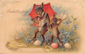 Easter Greetings Rabbits With Umbrella & Easter Eggs, Vintage PC U17904