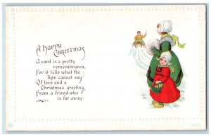 Christmas Postcard Dutch Children Sledding Winter Handwarmer Embossed c1910's