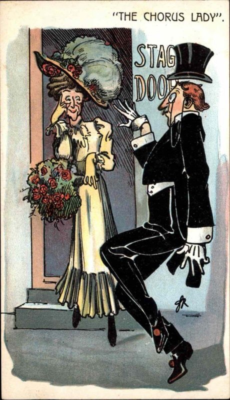 A/S Fancy Man in Suit Startled Stage Door Chorus Lady Theater Comic c1910 PC