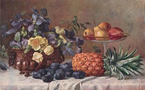 B580 Still life table with flowers & fruits plums pineapple pears fine art 1917