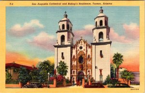 Tucson, AZ Arizona SAN AUGUSTIN CATHEDRAL~Bishop's Home CHURCH ca1940's Postcard