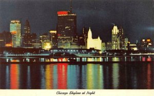 CHICAGO, Illinois IL  SKYLINE & LAKEFRONT~Colorful Night Lights  Chrome Postcard