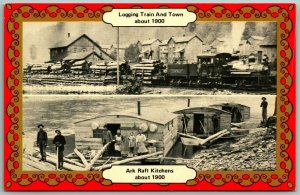 Logging Train and Town Ark Raft Kitchens Williamsport PA UNP Chrome Postcard G10