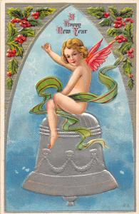 Happy New Year Angel Cherub On Bell With Ribbon Antique Postcard K41023