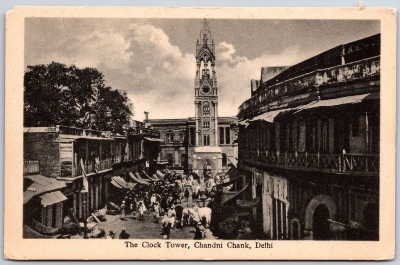 The Clock Tower Chandni Chank Delhi India Crowd & Historical Antique Postcard