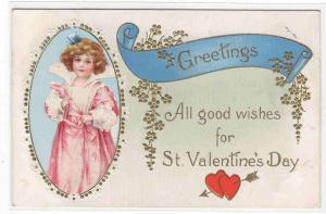 Pink Princess Girl Valentine Day 1910c postcard