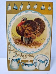 Thanksgiving Postcard Ellen Clapsaddle Turkey Flow Blue China Cups Plates Teapot