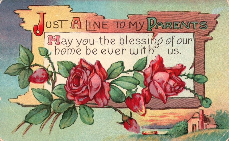 Vintage Postcard Just A Line To My Parents May The Blessings Of Your Home