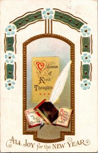 All Joy for the New Year 1911 Vintage Postcard Embossed Arch Quill Pen Books