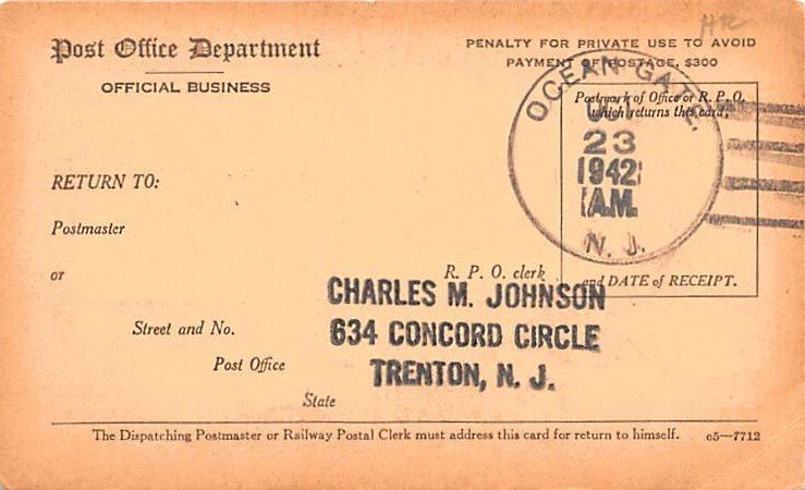 Registry Dispatch Receipt Card Mail Related 1942 