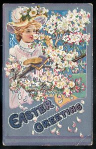 h2924 - EASTER Postcard 1911 Embossed Woman with Flowers. Lily Series