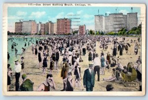 1928 Chicago Illinois Postcard Oak Street Bathing Beach Crowd Aerial View Posted