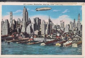 Zeppelin in Flight, New York NY, Manhattan Skyline NYC Harbor 1920-30 Airship