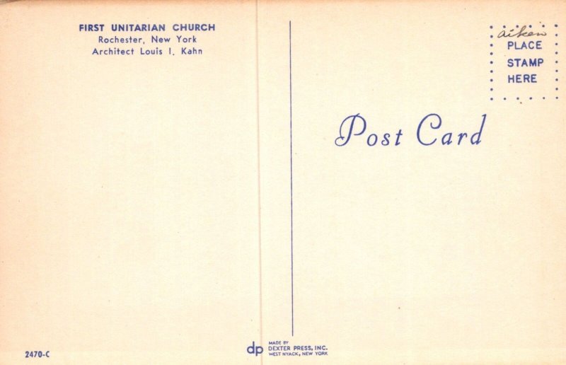 VINTAGE STANDARD SIZE POSTCARD FIRST UNITARIAN CHURCH ROCHESTER NEW YORK