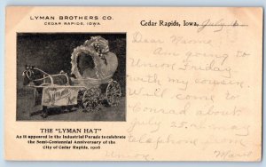 Cedar Rapids Iowa Postcard Lyman Brothers Co. Lyman Hat Industrial Parade c1907