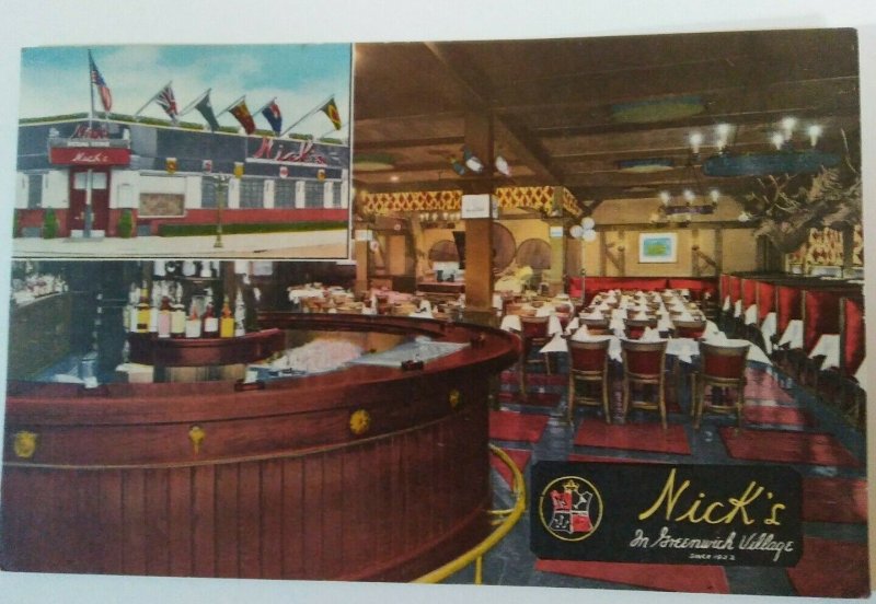 1940's NYC Postcard NICK'S IN GREENWICH VILLAGE Restaurant Bar Linen**UNUSED**