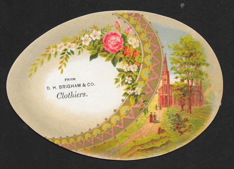 VICTORIAN TRADE CARDS (4) Brigham Clothiers Egg Shape Flowers, Birds, Town Views