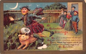 All Hallowe'en Greetings Kilted Man W/ Pitchfork & Pig, Minor Scuffing On Front