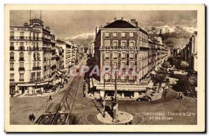 Grenoble - Train Station Square and the Alpes Old Postcard