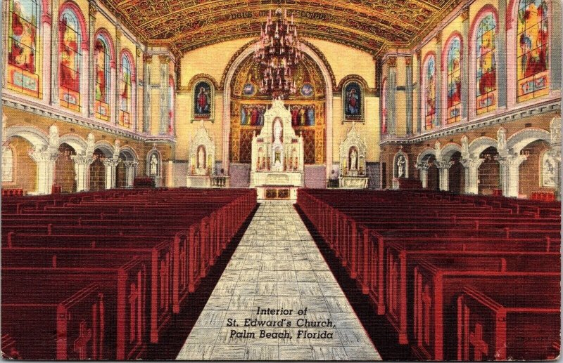 St Edwards Church Interior Palm Beach Florida Linen Cancel WOB Postcard 