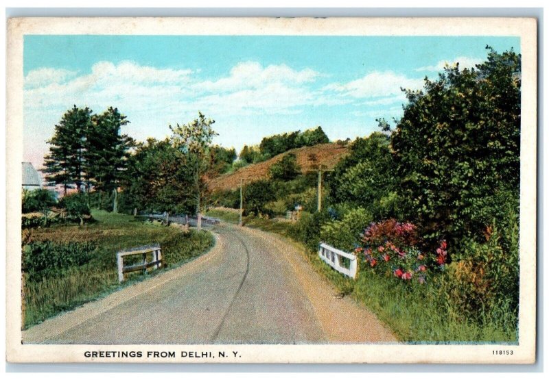c1930's Greetings From Delhi New York NY, Curve Road Unposted Vintage Postcard