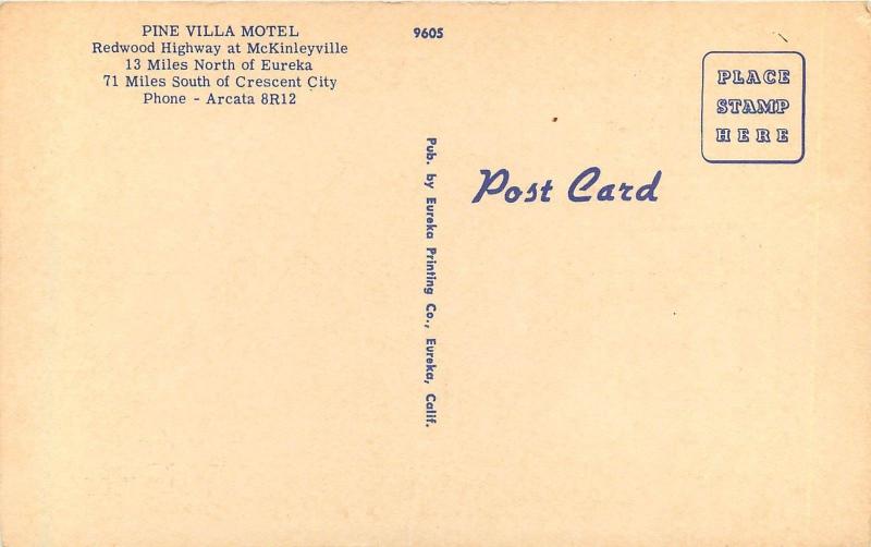 Linen Postcard; Pine Villa Motel Hwy 101 at McKinleyville, Arcata CA Humboldt Co